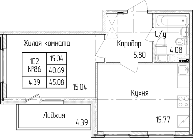 1-комнатная квартира 40.69 м², 2/4 эт., ЖК «Любоград в Стрельне»